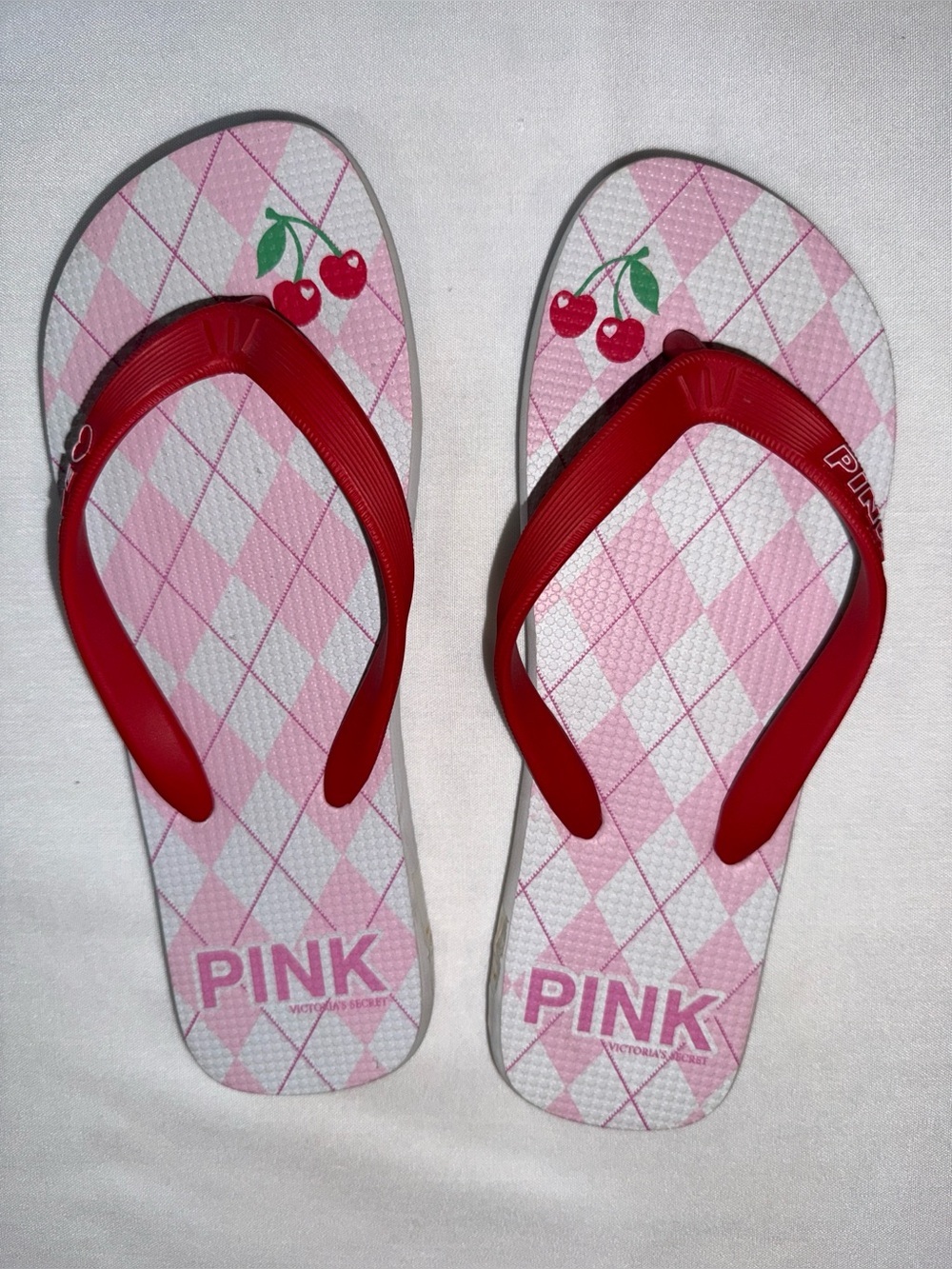 PINK Flip Flops with Red Straps and Cherry Accent